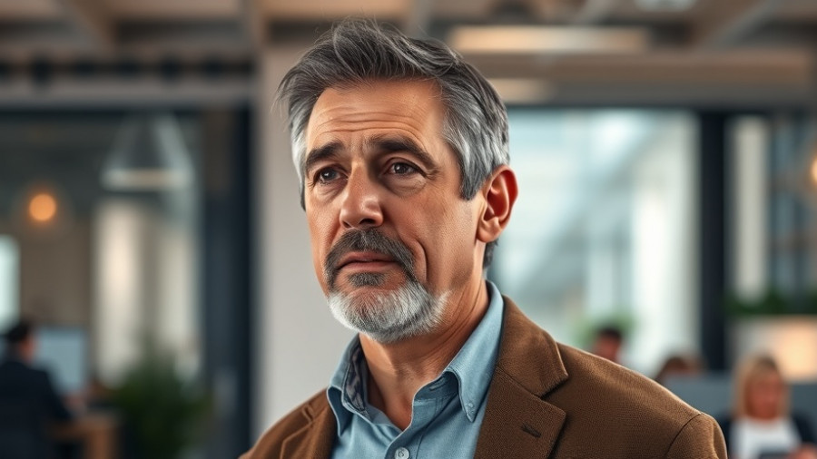 Man in office setting engaged in conversation.