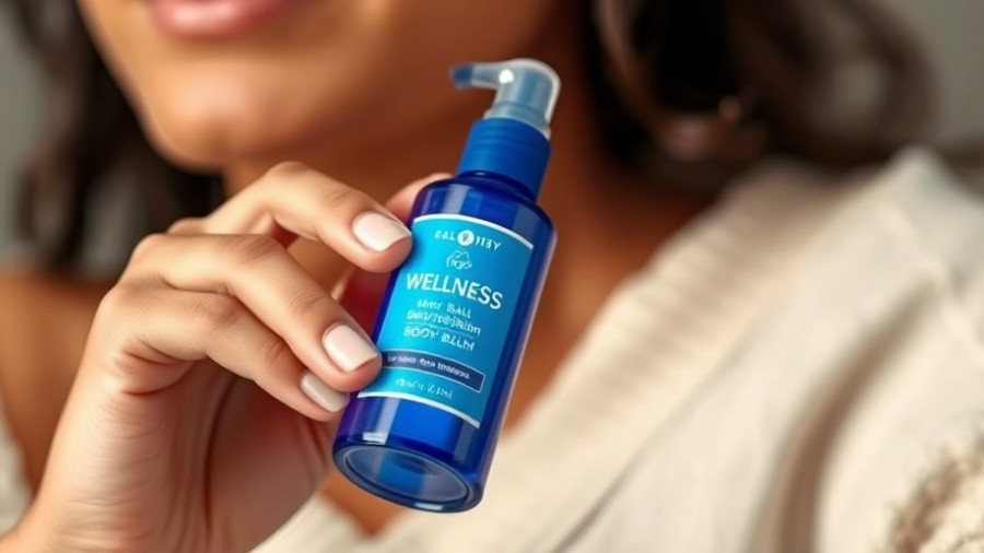 Close-up of blue body balm held in hand, wellness products discounts.