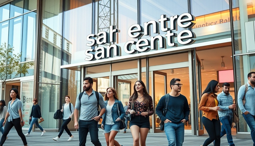 San Francisco Centre mall with people walking outside, entrance view