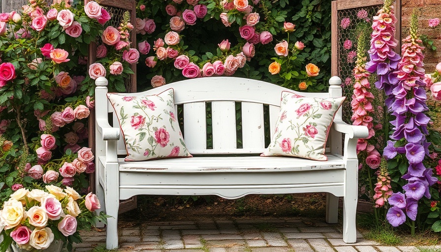 Weathered bench with floral cushions in a shabby chic cottage garden, showcasing shabby chic cottage garden decor.