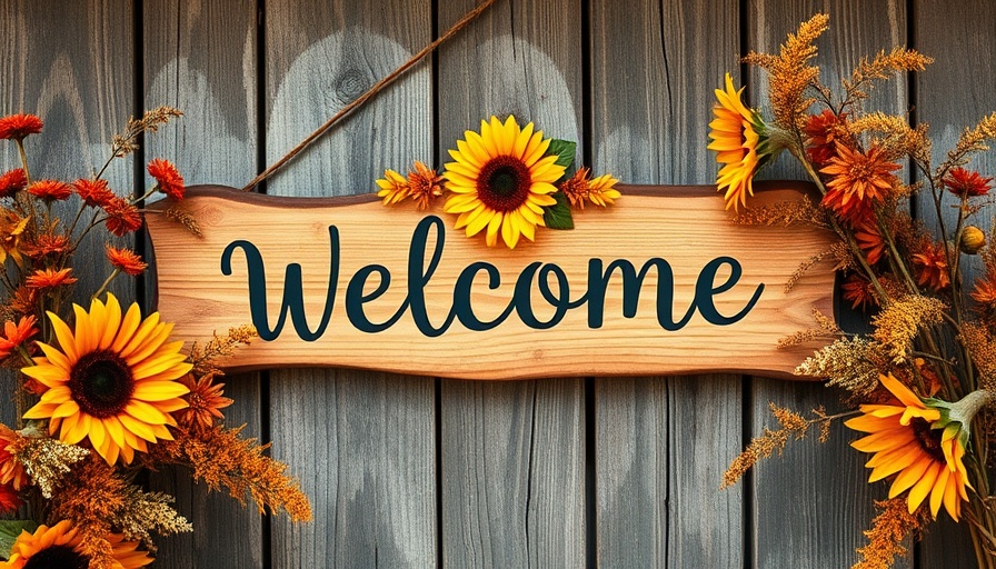 Charming wooden welcome sign with sunflower in Long Island garden.