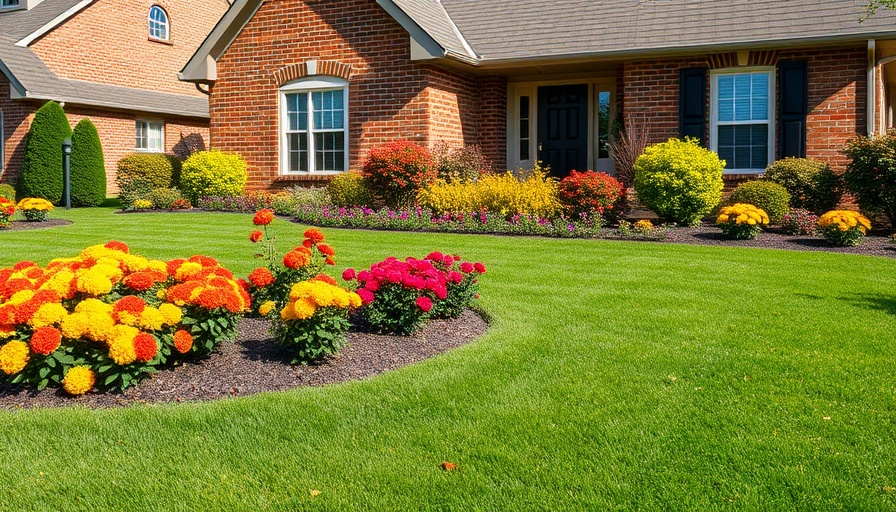 Suburban house with lush fall lawn and vibrant flowers.