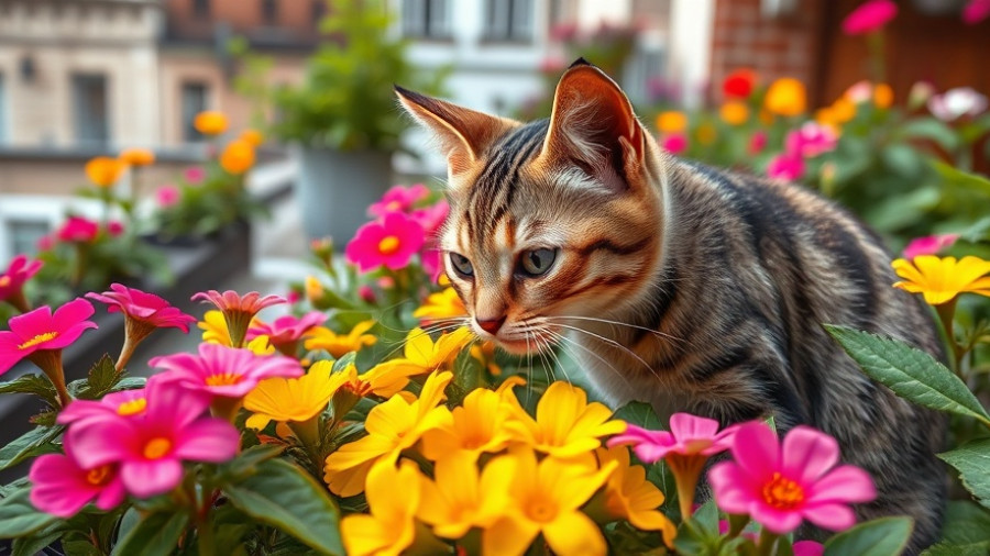 Curious cat exploring a rooftop garden with vibrant flowers and lush greenery.
