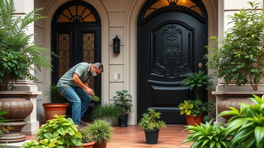 Worker maintains plants at elegant home entrance, highlighting Long Island landscape maintenance costs.