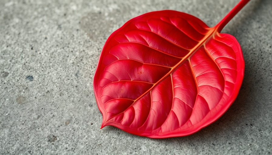 Vibrant red leaf on concrete resembles lips.