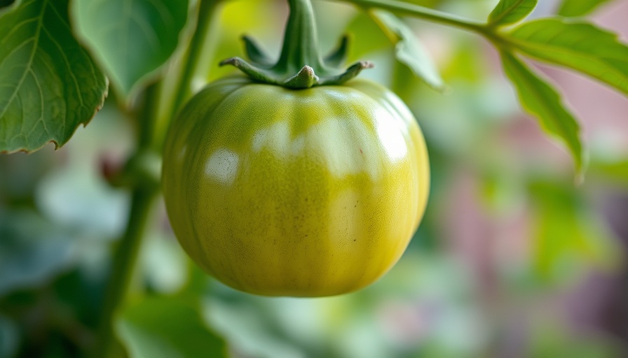 Close-up of a green tomatillo on a plant, capturing its form.