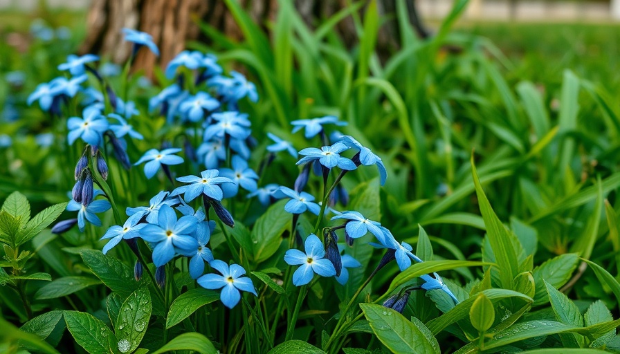 Sensational spring garden with blue flowers and dewy leaves.
