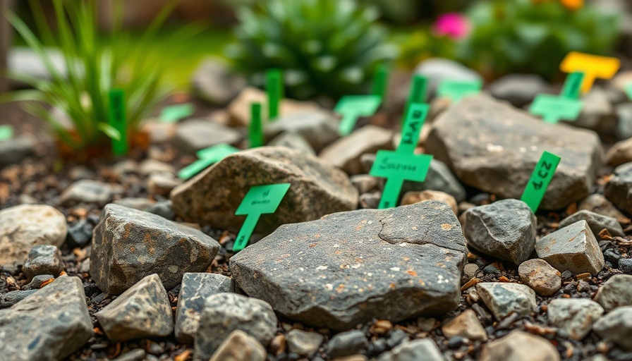 Labeled rocks in Burle Marx's Cascade Garden reconstruction with green tags.