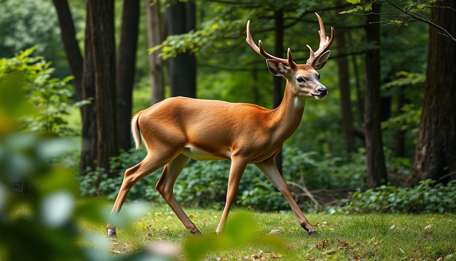 Elegantly walking deer in a forest as a garden protection reminder.