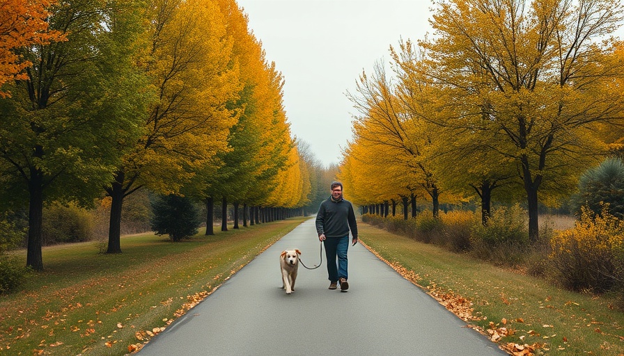 Man and dog walking on a custom design trail under autumn trees.