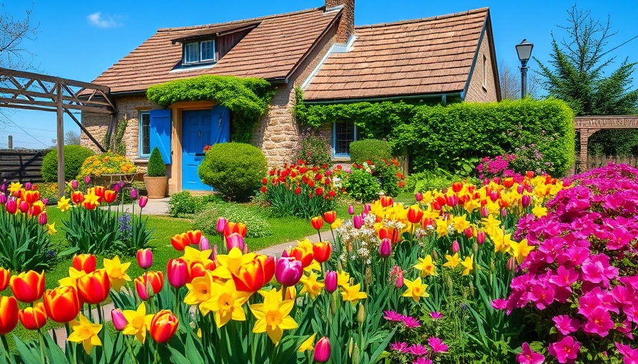Cottage garden in spring attracting birds and butterflies with vibrant flowers.