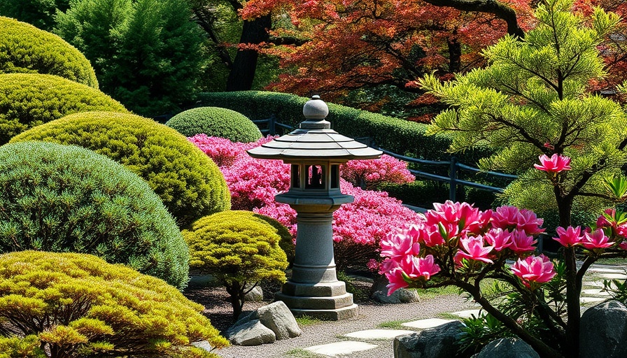 Tranquil Japanese garden with stone lantern and pink flowers, small Japanese garden ideas.