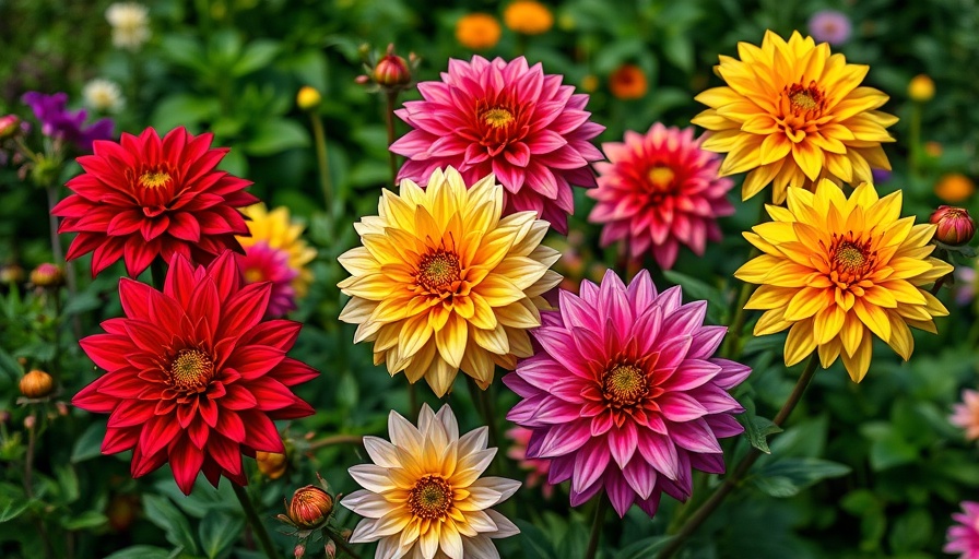 Vibrant dahlias blooming in a lush garden setting