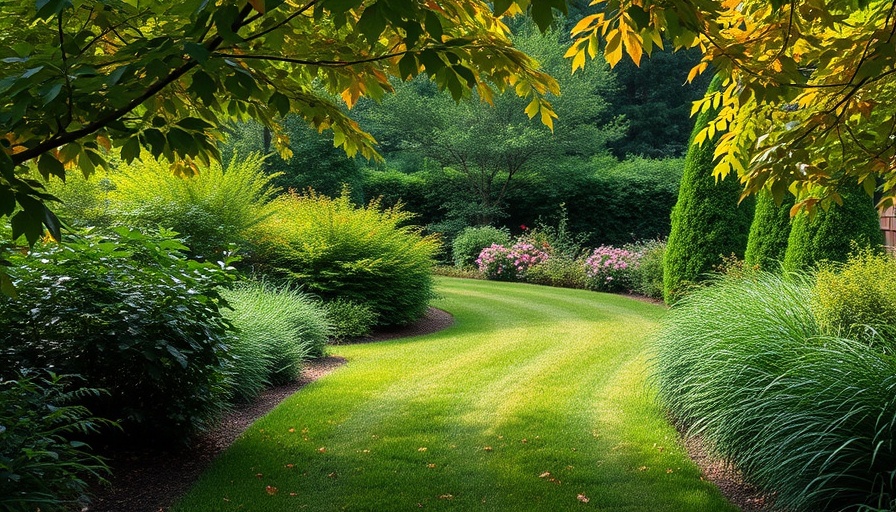 Serene backyard trail design with lush greenery and autumn colors.