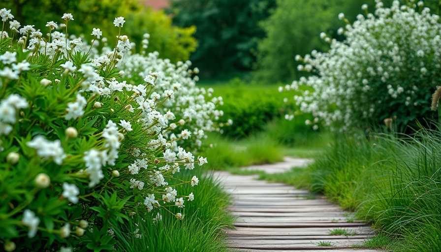 Serene backyard trail landscaping with blossoming flowers