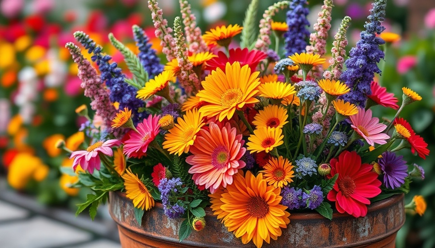 Summer planter with wildflowers in vibrant colors.