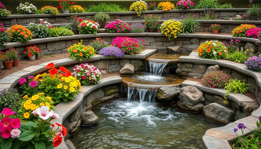 Raised bed ideas for cottage garden aesthetics with water feature.