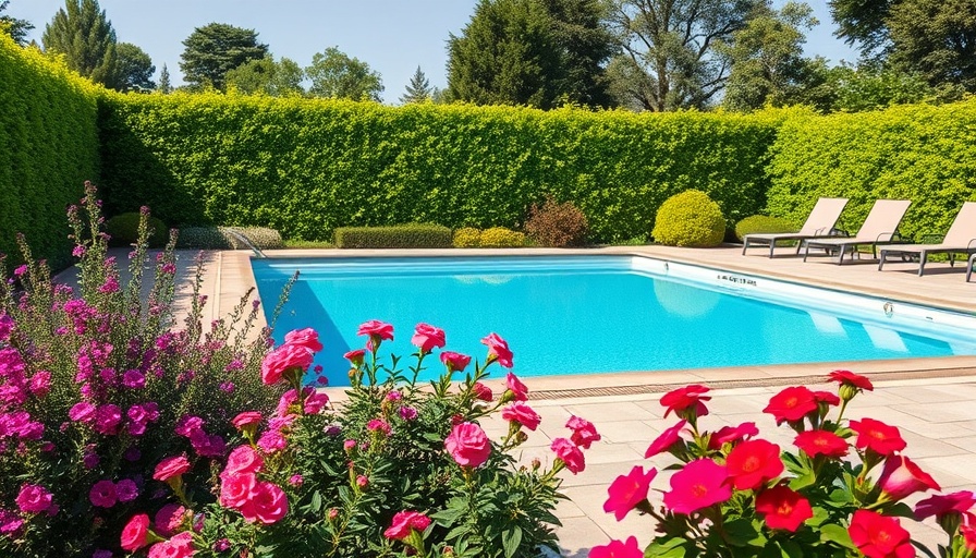 Swim pool landscaping with lush garden and patio.