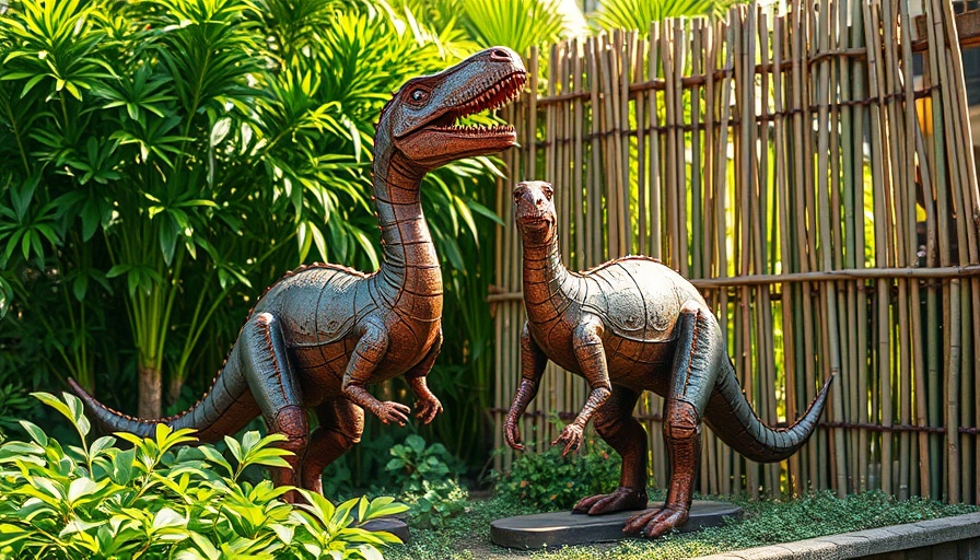 Unique metal garden art gifts: dinosaur sculptures in green garden.