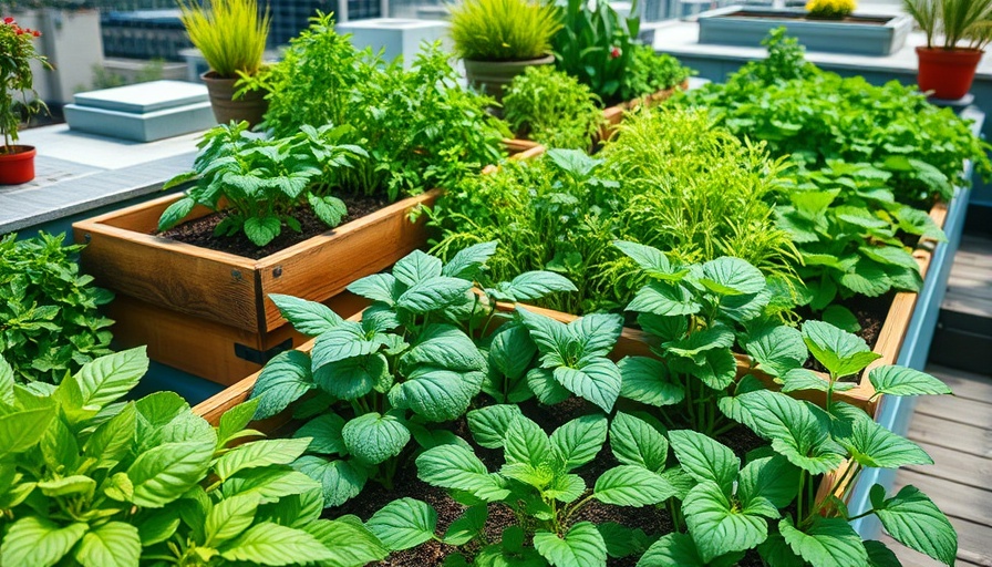 Rooftop vegetable garden with lush greens in wooden planters.