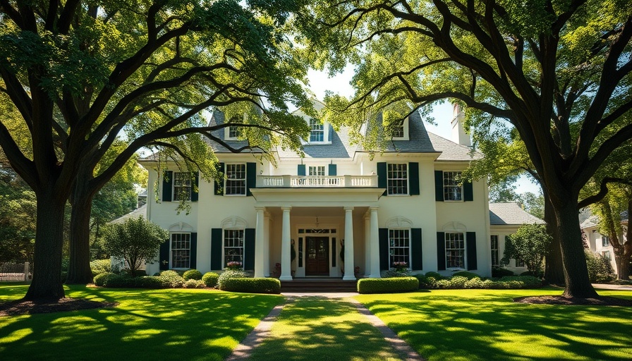 Elegant Long Island landscape design featuring a grand colonial-style house.