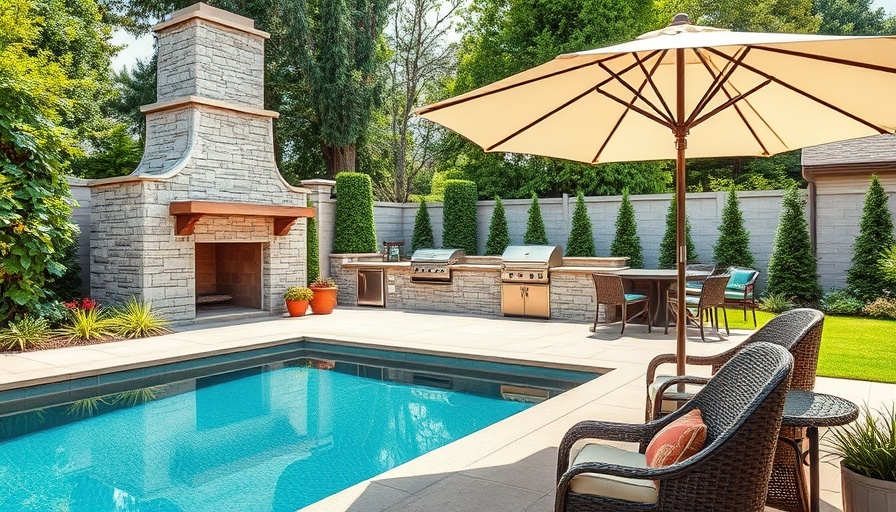 Chic outdoor patio featuring modern stone fireplace, grill, and pool.