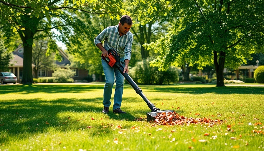 Person using leaf blower for fall lawn preparation surrounded by trees.