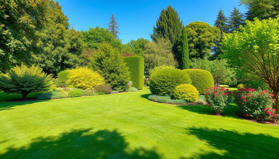 Organic fall fertilization for lawns in a lush garden setting.