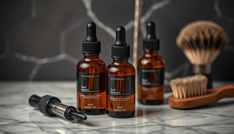 Beardy Beard Oil bottles with grooming tools on marble.