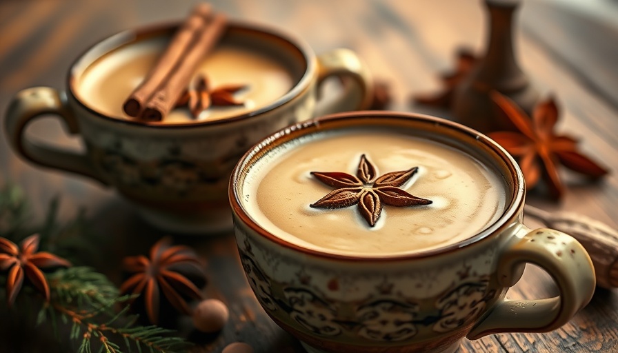 Two bowls of chai latte with chai masala syrup and spices.