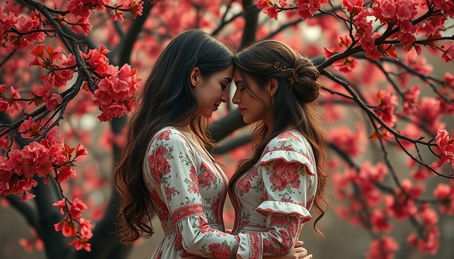 Two women, floral dresses, emotional connection, artistic backdrop, intimate moment.