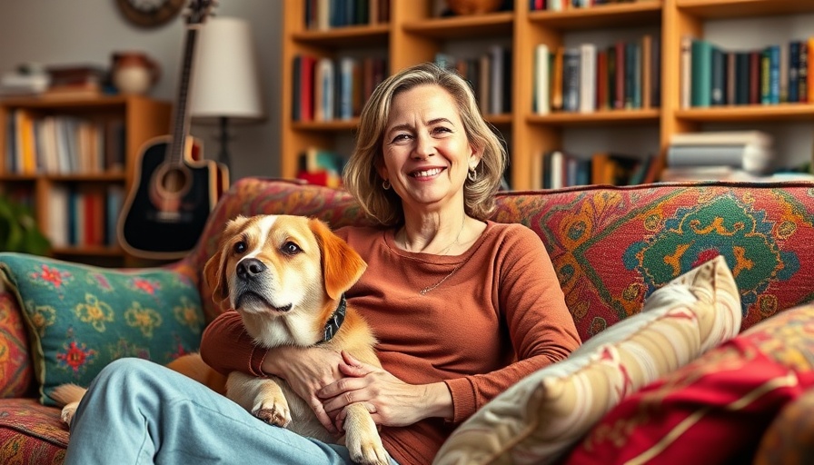 Serene woman and dog on colorful sofa, cozy home environment.