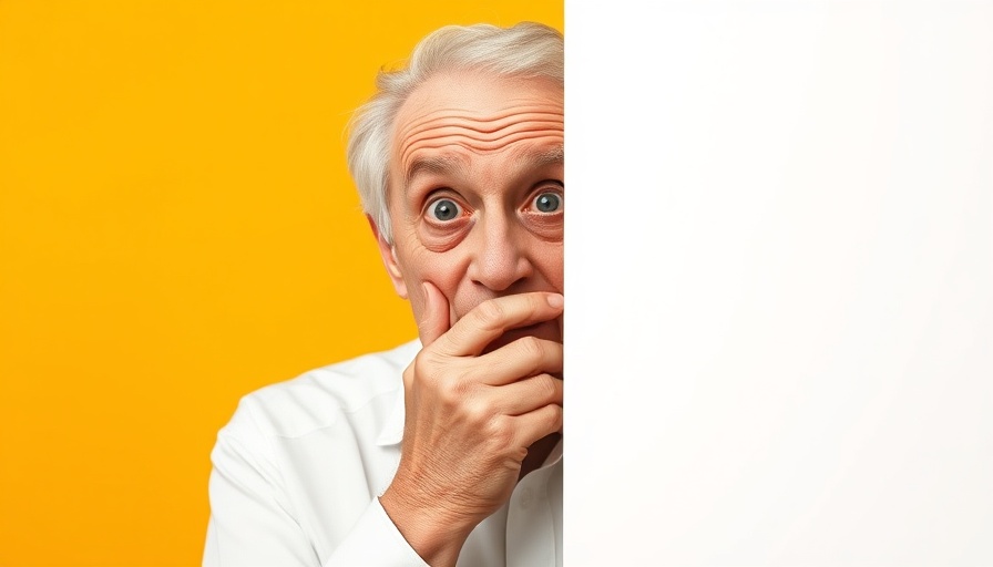 Surprised elderly man peeking around panel, reversing aging science concept.