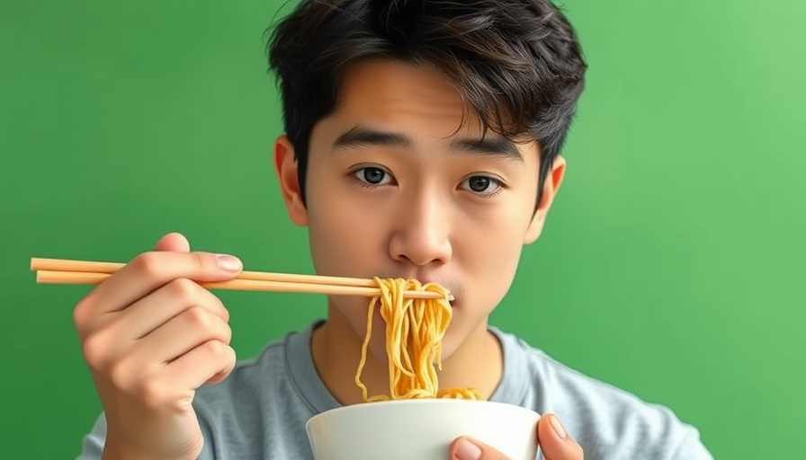 Casual young man enjoying noodles with chopsticks, illustrating foods that influence your gene expression.