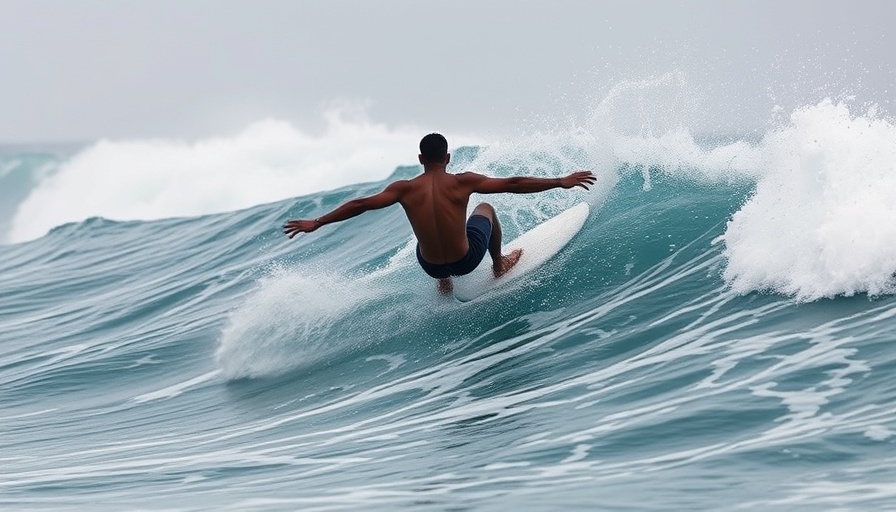 Surfer in wetsuit riding waves, surrendering to the ocean.