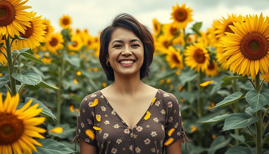 Joyful woman smiling in sunflower field, happiness toolkit.