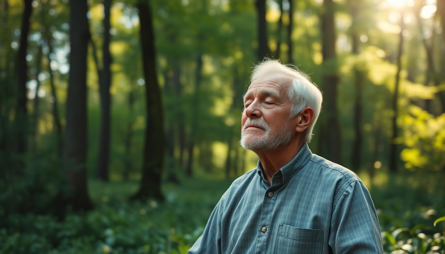 Serene older man meditating in forest, mystical vibe.