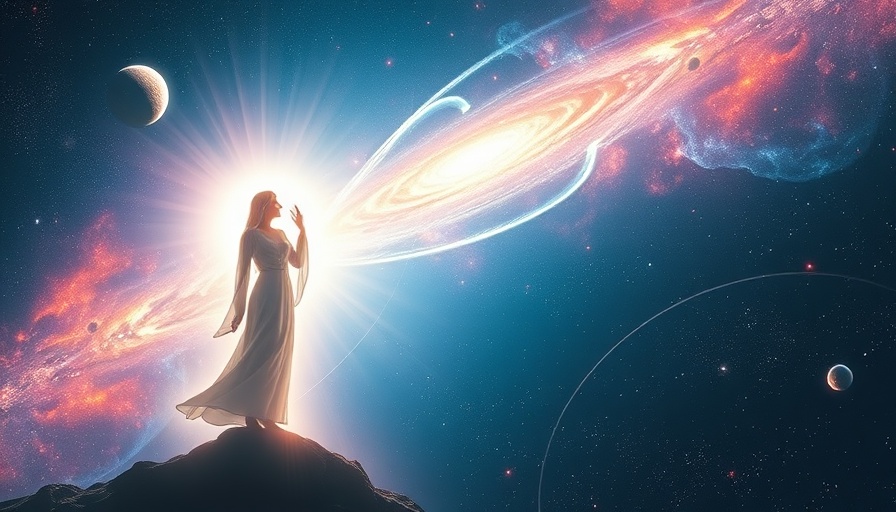 Galactic Shift From Pisces To Aquarius with luminous cosmic figure.