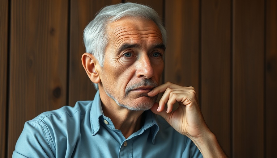 Thoughtful older man reflecting, wearing blue shirt, rustic background.