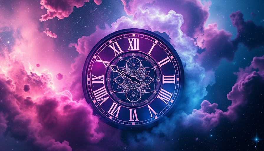Surreal cosmic clock representing a timeline shift amidst vibrant nebulae.