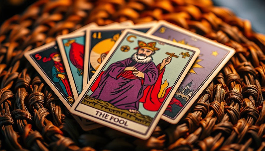 Wisdom of the Fool tarot card on a rustic surface.