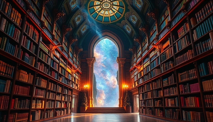 Magical library with celestial gateway in spiritual fiction.