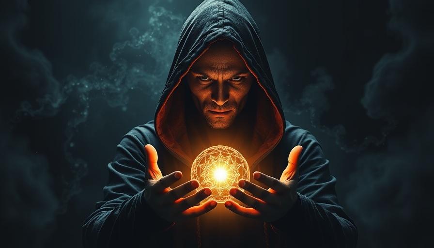 Hooded figure conjures light sphere, symbolizing spiritual awakening and change.