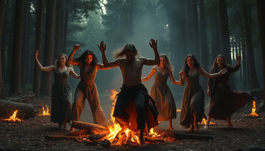 Mystical dance around fire in forest, spirit possession experience.