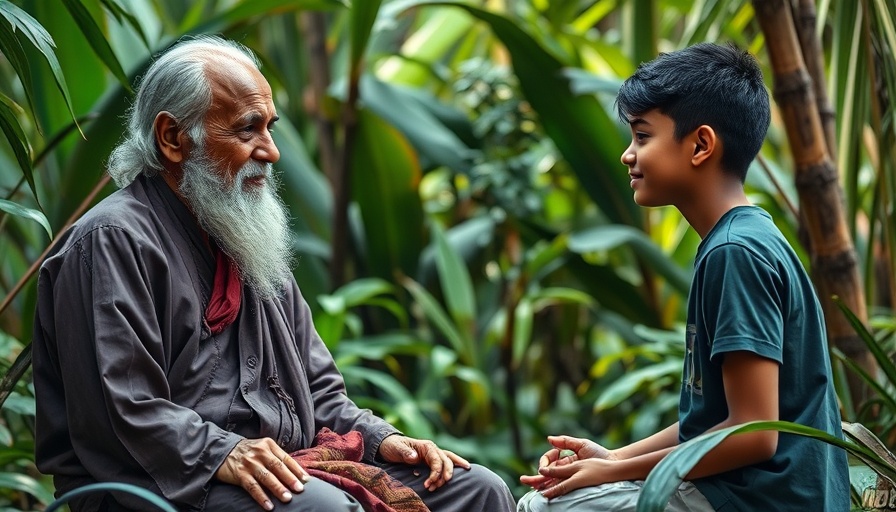 Spiritual coaching for inner growth scene with sage and youth in nature.