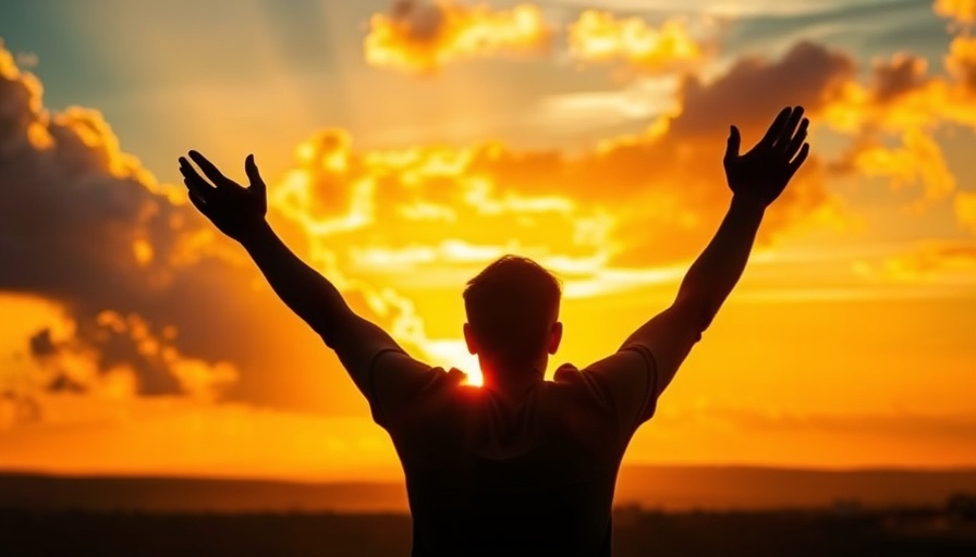 Silhouetted figure embracing spiritual growth in a vibrant sunset.