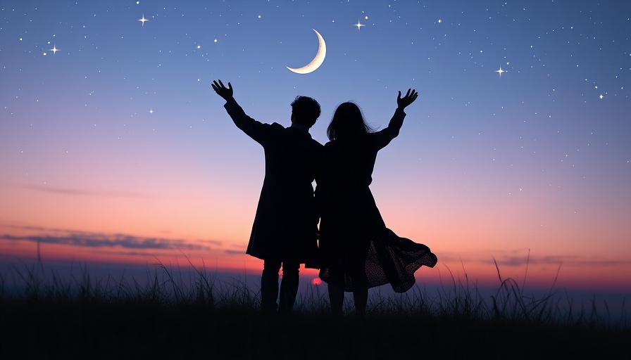 Silhouetted figures under crescent moon in twilight sky, spiritual significance.