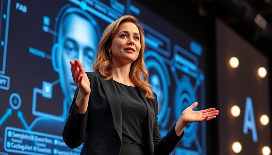 Confident presenter discussing AI driven marketing on stage.