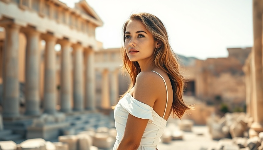 Graceful woman in white dress amidst ancient Greek ruins, Attract Ideal Customers with Brand Archetype.