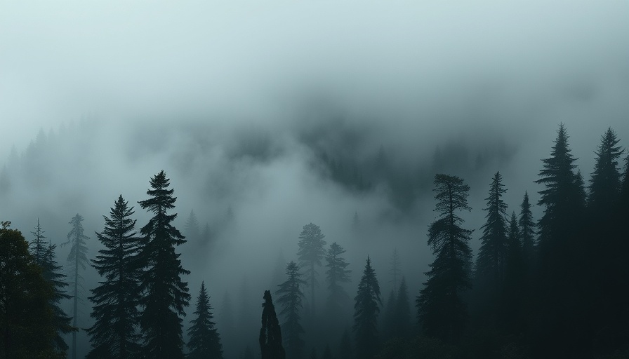 Serene mountain landscape in mist, soft light.